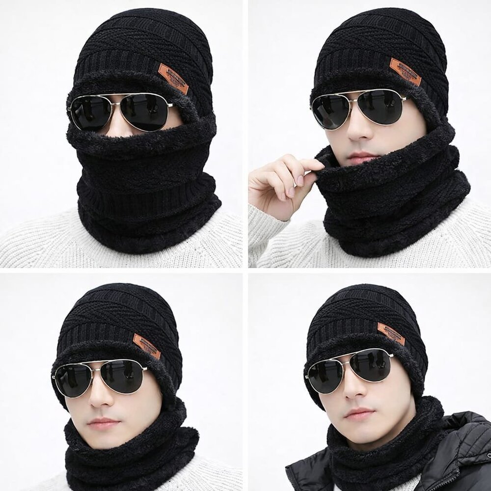 Winter 2-in-1 Knitted Beanie Hat with Neck Warmer | Thick Warm Cotton Blend | Un